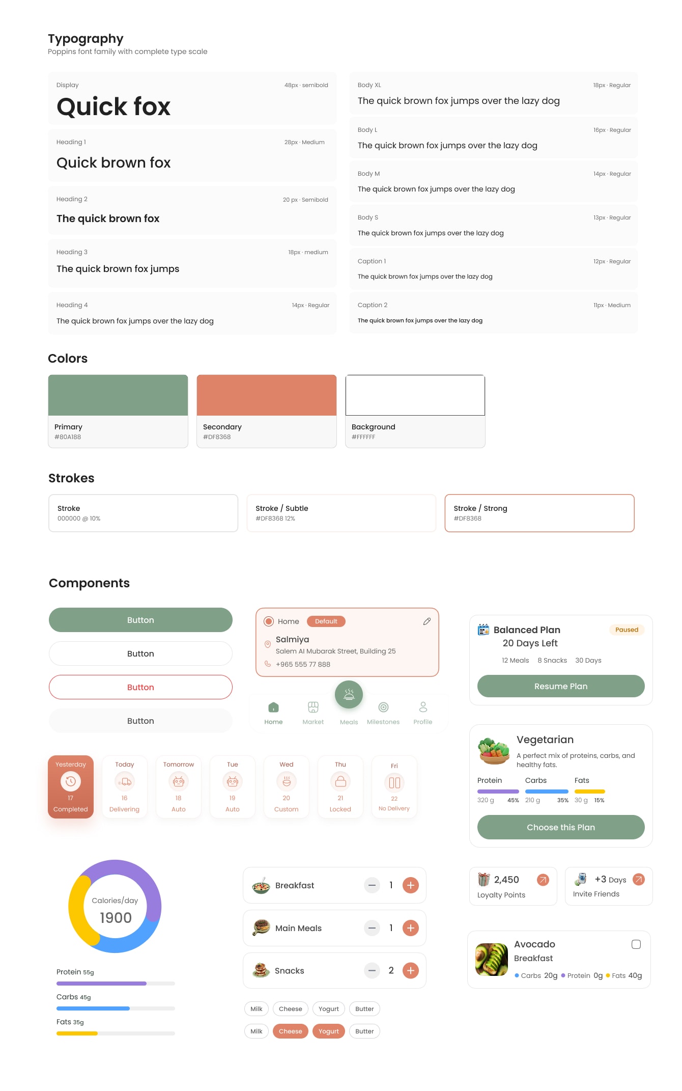 Numou design system showing typography, colors, strokes, and reusable components