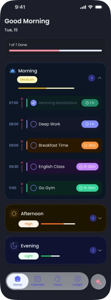 LifeForge home in dark mode — morning, afternoon, evening