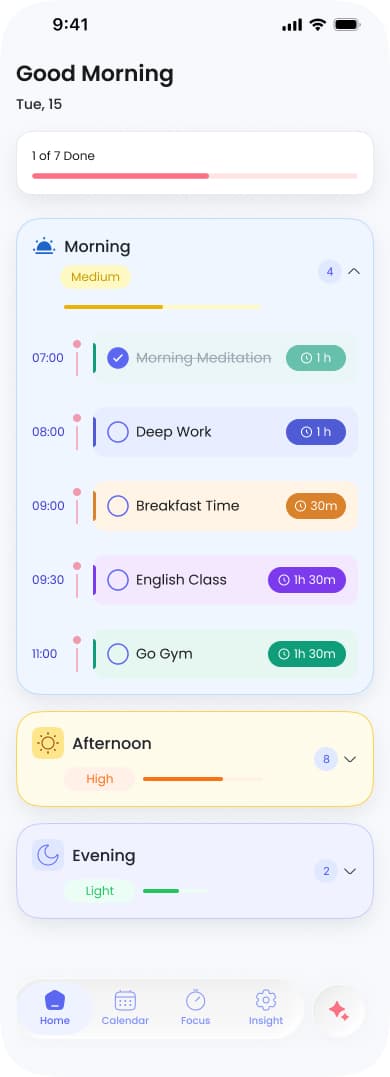 LifeForge home in light mode — morning, afternoon, evening