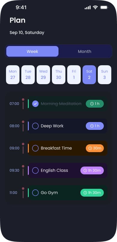 LifeForge plan and calendar in dark mode — week view