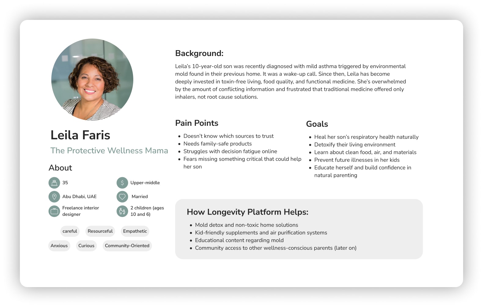 User persona: Leila Faris, the protective wellness parent — demographics, traits, pain points, and goals